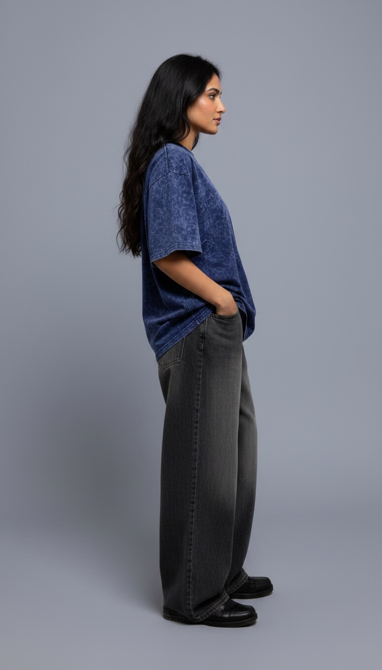 Navy Blue Acid Wash Oversized T-Shirt